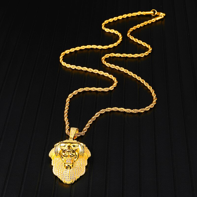 Gemstone-Studded Gold-Plated Lion Bling Rope Chain Hip-hop Pendant Necklace-Necklaces-Innovato Design-Innovato Design