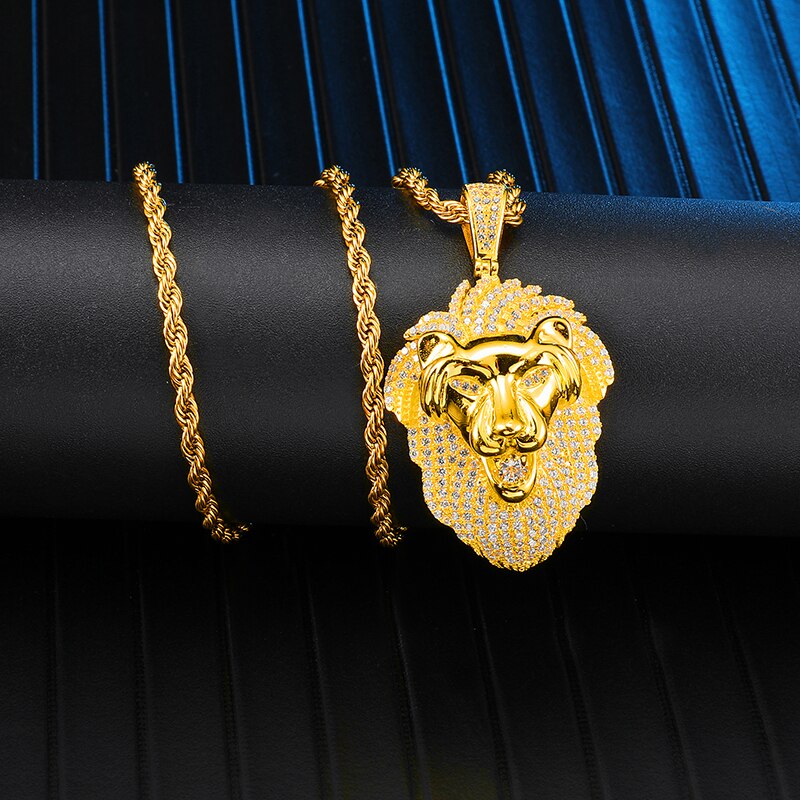 Gemstone-Studded Gold-Plated Lion Bling Rope Chain Hip-hop Pendant Necklace-Necklaces-Innovato Design-Innovato Design