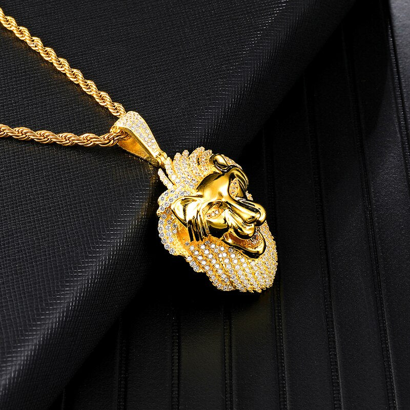Gemstone-Studded Gold-Plated Lion Bling Rope Chain Hip-hop Pendant Necklace-Necklaces-Innovato Design-Innovato Design