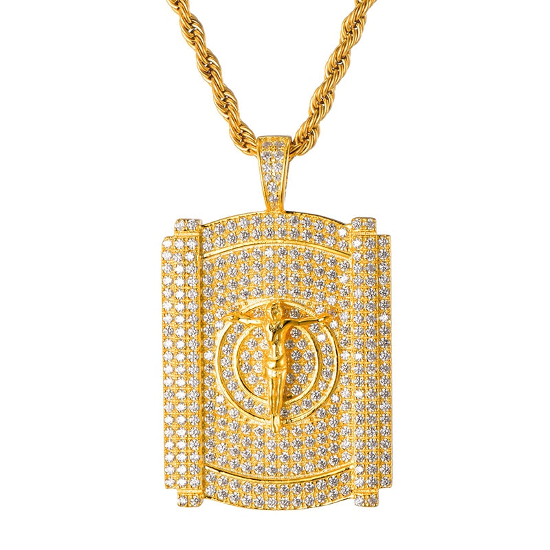 Rhinestone-Studded Gold-Plated Jesus Bling Rope Chain Hip-hop Pendant Necklace-Necklaces-Innovato Design-Innovato Design