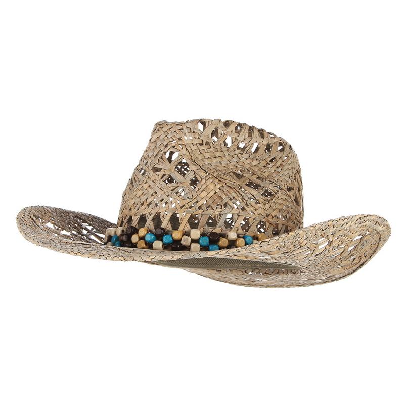 Straw Cowboy Summer Hat with Choice of Wood Beads, PU Leather Band or Rhinestones-Hats-Innovato Design-Wood Beads-Innovato Design