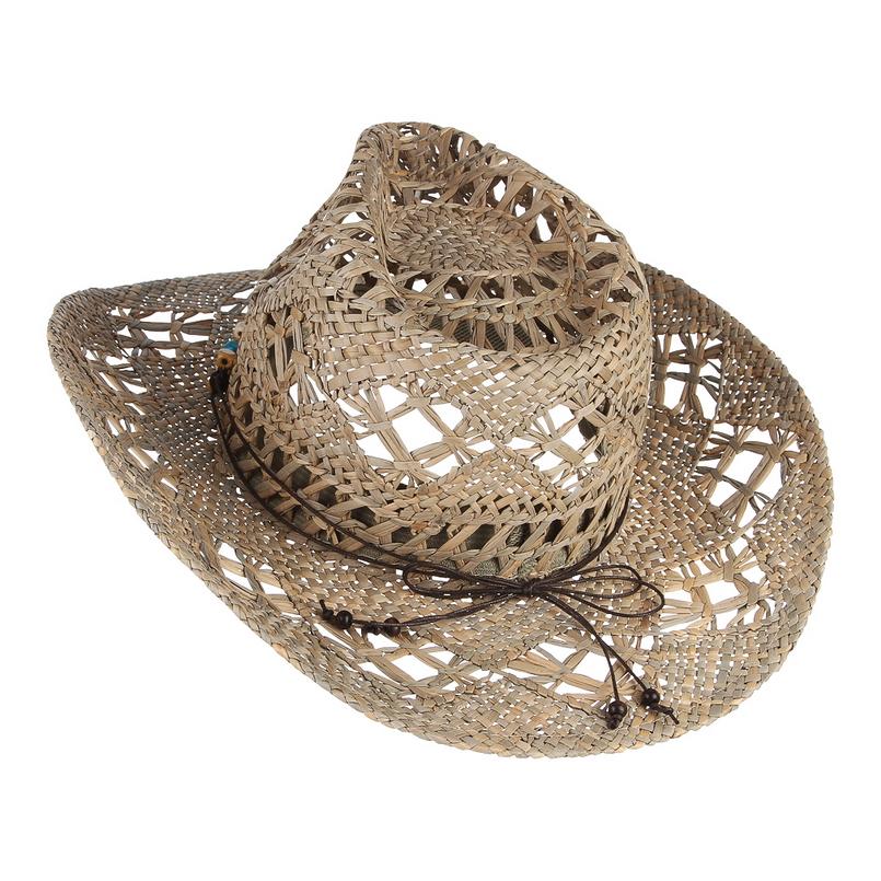 Straw Cowboy Summer Hat with Choice of Wood Beads, PU Leather Band or Rhinestones-Hats-Innovato Design-Wood Beads-Innovato Design