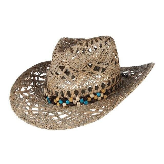 Straw Cowboy Summer Hat with Choice of Wood Beads, PU Leather Band or Rhinestones-Hats-Innovato Design-Wood Beads-Innovato Design