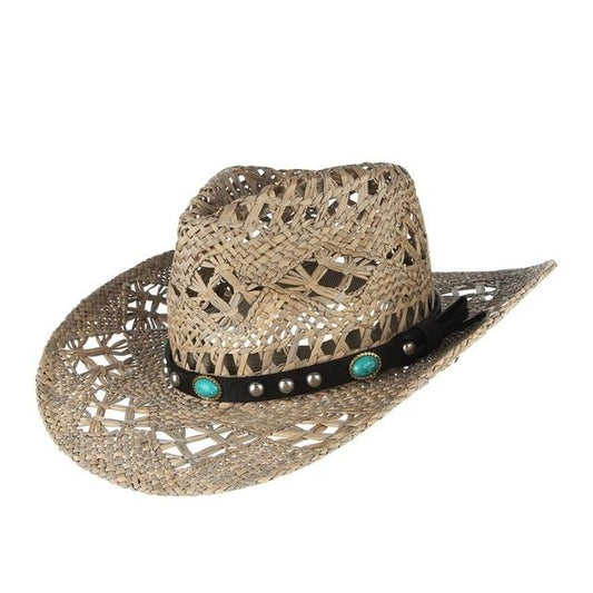 Straw Cowboy Summer Hat with Choice of Wood Beads, PU Leather Band or Rhinestones-Hats-Innovato Design-Rhinestone-Innovato Design