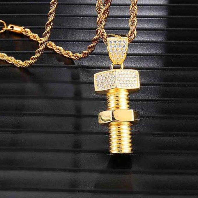 Rhinestone-Studded Gold-Plated Bolt and Screw Bling Hip-hop Pendant Necklace-Necklaces-Innovato Design-Innovato Design