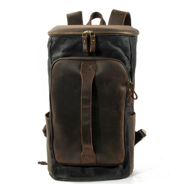 Vintage Waterproof Canvas Leather Daypack 20 to 35 Liter Backpack-Canvas and Leather Backpack-Innovato Design-Black-Innovato Design