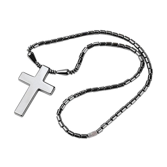 Hematite Drum Bead Necklace with Simple Cross Pendant Necklace-Necklaces-Innovato Design-Innovato Design