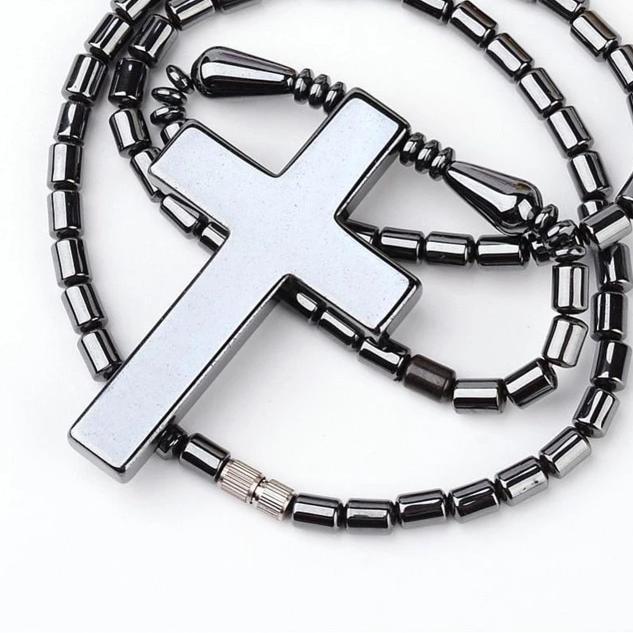 Hematite Drum Bead Necklace with Simple Cross Pendant Necklace-Necklaces-Innovato Design-Innovato Design