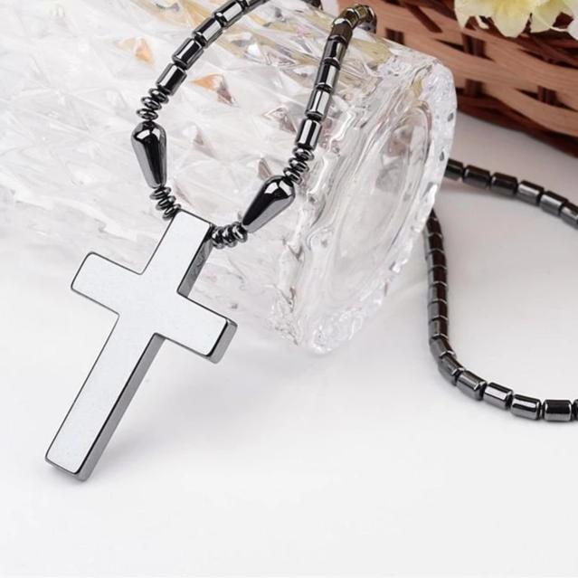 Hematite Drum Bead Necklace with Simple Cross Pendant Necklace-Necklaces-Innovato Design-Innovato Design