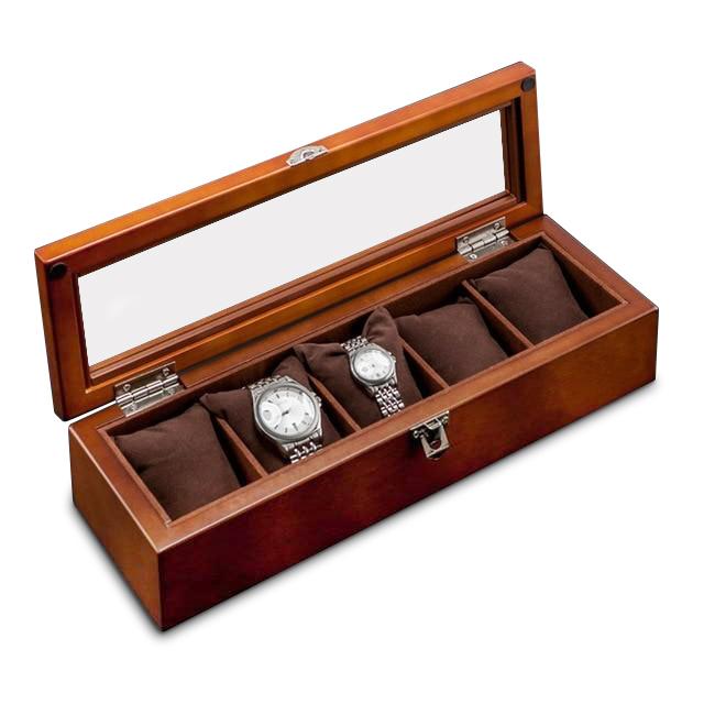 Brown Beech Wood Watch Display Box Organizer with 5, 8, 10 and 12 Slots-Watch Box-Innovato Design-5 Slots-Innovato Design