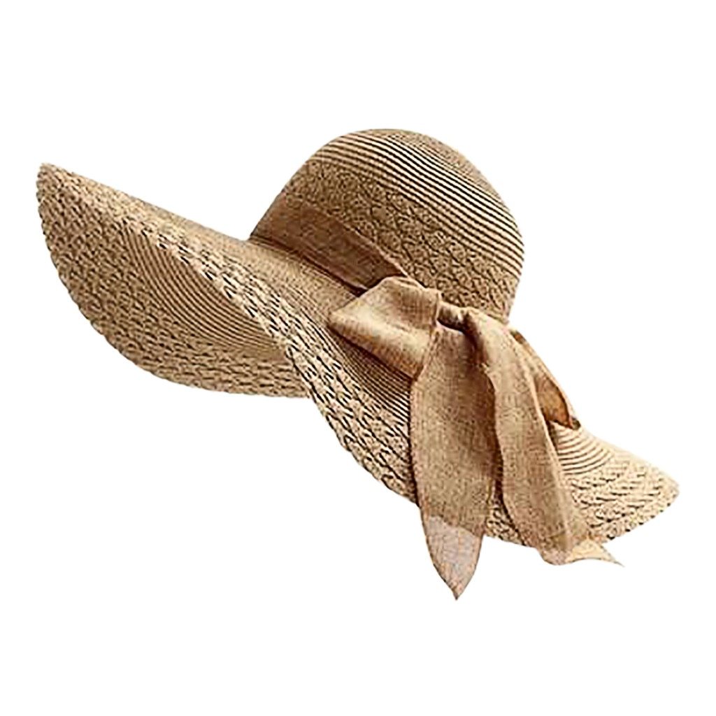 Ladies Wide Brim Floppy Straw Sun Hat with Bowknot-Hats-Innovato Design-Khaki-Innovato Design
