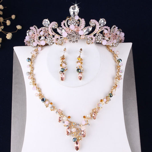 Pink Crystal Beads and Flowers Tiara, Necklace & Earrings Wedding Jewelry Set