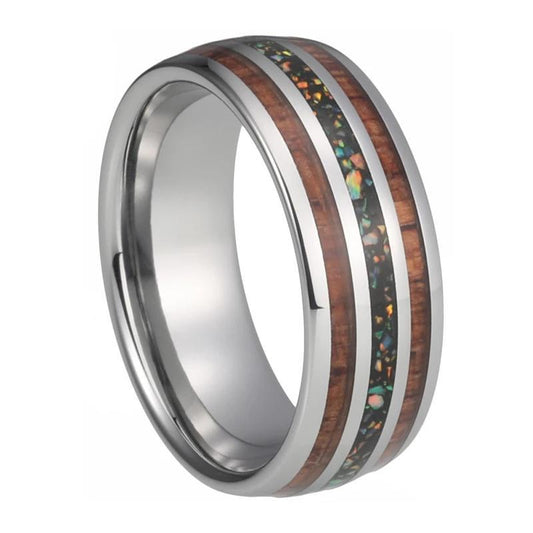 Silver Tungsten Carbide in Opal Inlay with Wood Koa Wedding Band - InnovatoDesign