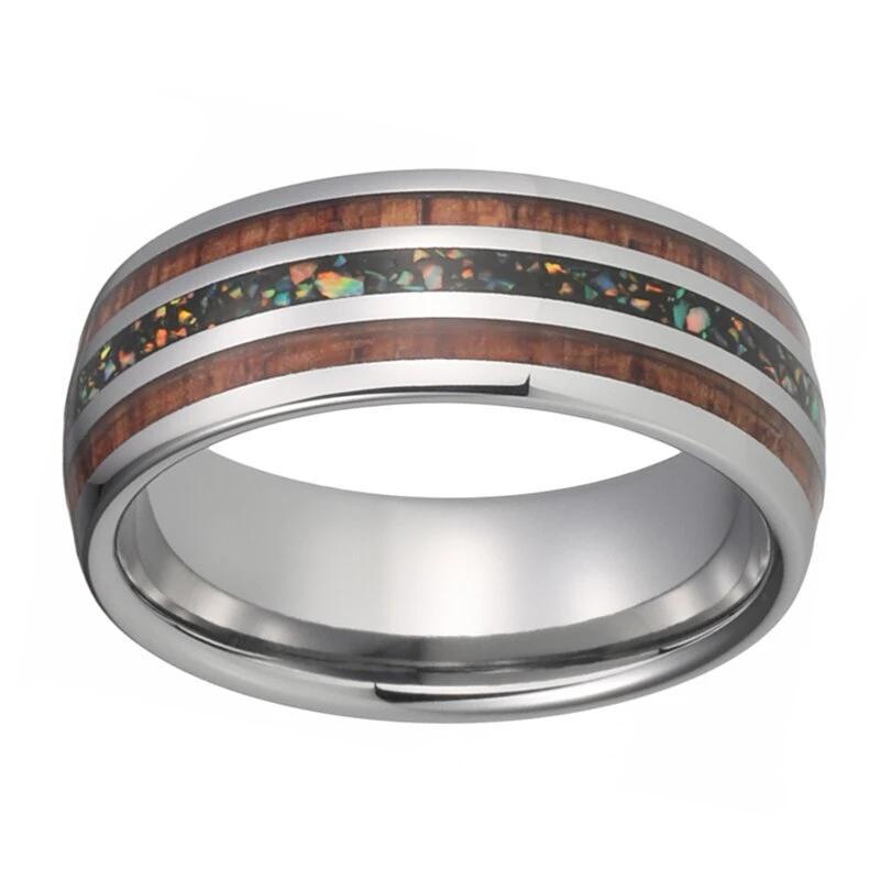 Silver Tungsten Carbide in Opal Inlay with Wood Koa Wedding Band-Rings-Innovato Design-5-Innovato Design