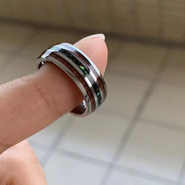 Silver Tungsten Carbide in Opal Inlay with Wood Koa Wedding Band-Rings-Innovato Design-5-Innovato Design