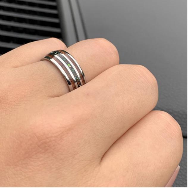 Silver Tungsten Carbide in Opal Inlay with Wood Koa Wedding Band-Rings-Innovato Design-5-Innovato Design