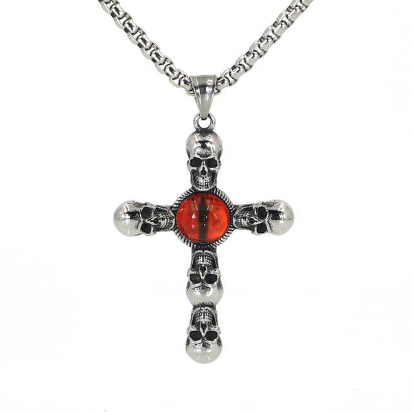 Silver Skull Cross with Sapphire Cat's Eye Pendant and Chain Necklace-Necklaces-Innovato Design-Red-24-Innovato Design