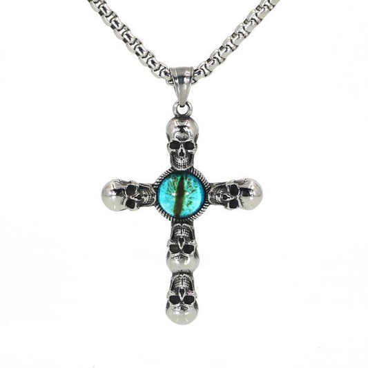 Silver Skull Cross with Sapphire Cat's Eye Pendant and Chain Necklace - InnovatoDesign
