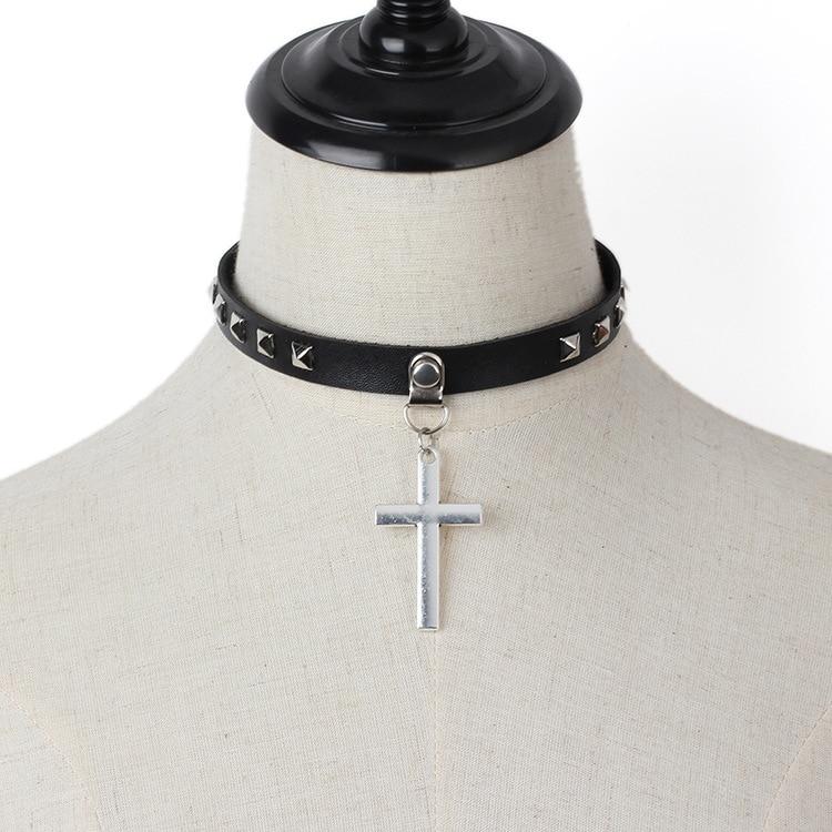 Black Leather Gothic Cross Choker Necklace-Necklaces-Innovato Design-Innovato Design