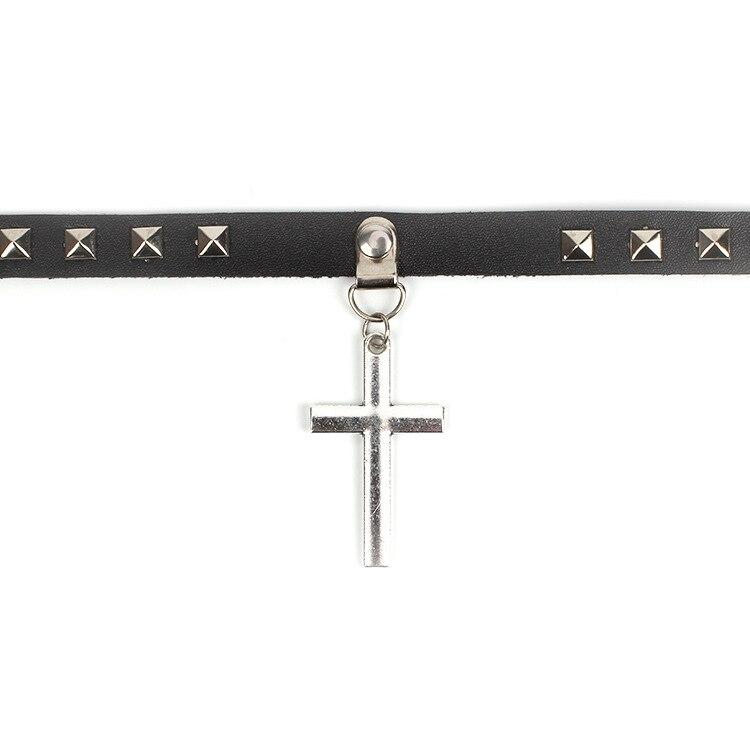 Black Leather Gothic Cross Choker Necklace-Necklaces-Innovato Design-Innovato Design