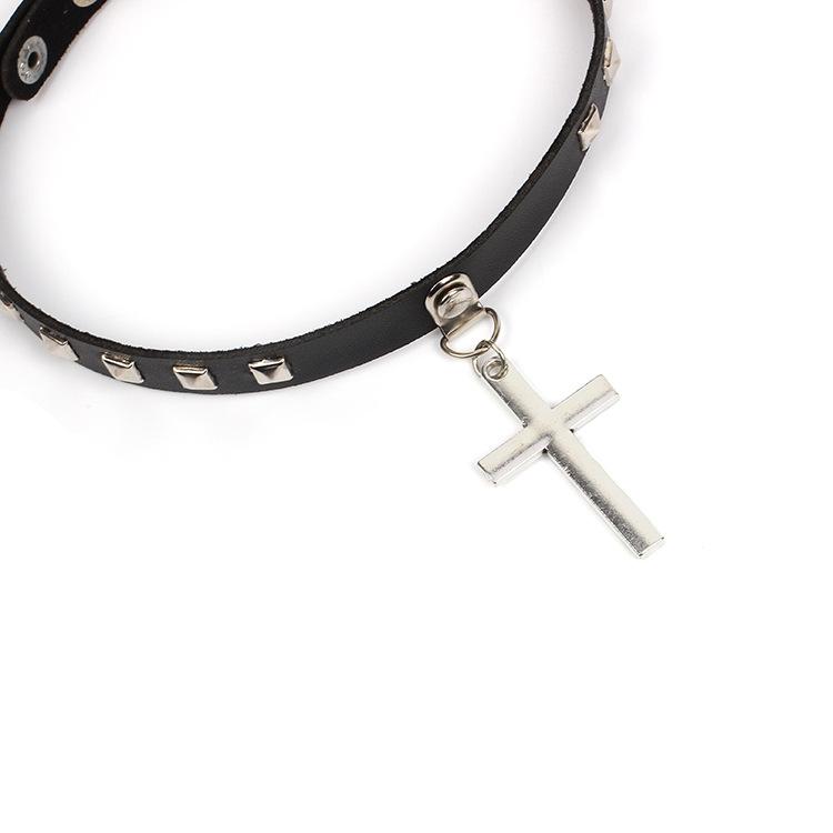 Black Leather Gothic Cross Choker Necklace-Necklaces-Innovato Design-Innovato Design