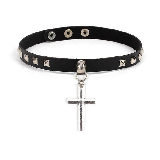 Black Leather Gothic Cross Choker Necklace - InnovatoDesign
