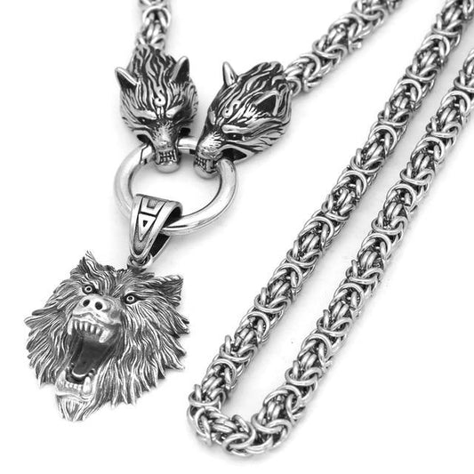 Men's Stainless Steel Two Wolf Heads with Wild Bear Head Pendant Necklace-Necklaces-Innovato Design-20-Innovato Design