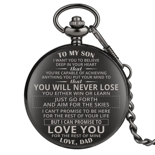 "To My Son Love Dad" Retro Black Engraved Greeting Quartz Pocket Watch