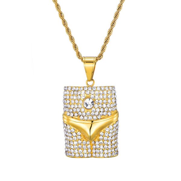 Rhinestone-Studded Underwear Bling 316L Stainless Steel Hip-hop Pendant Necklace