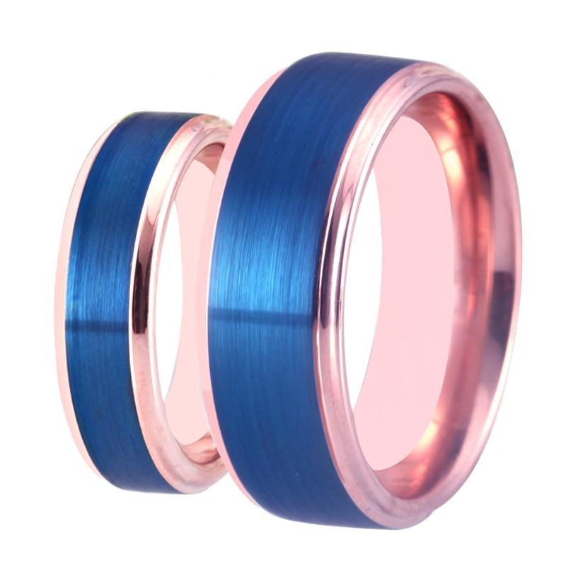 Brushed Blue and Rose Gold Tungsten Wedding Ring Set-Couple Rings-Innovato Design-6-6-Innovato Design