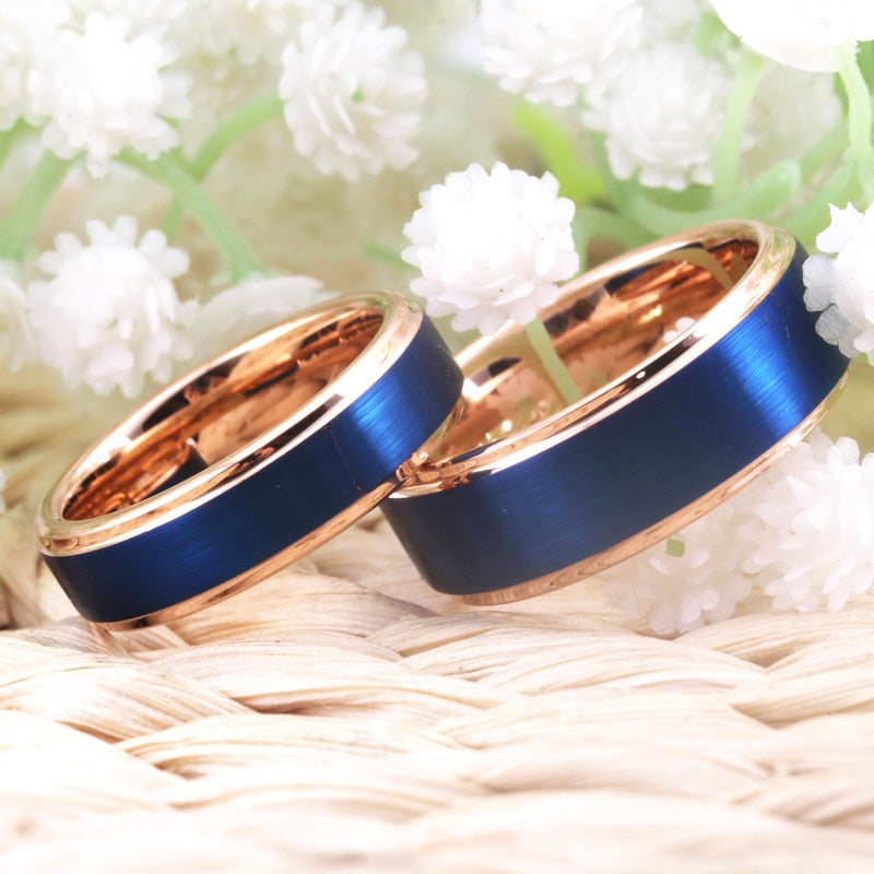Brushed Blue and Rose Gold Tungsten Wedding Ring Set-Couple Rings-Innovato Design-6-6-Innovato Design