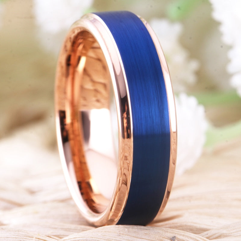 Brushed Blue and Rose Gold Tungsten Wedding Ring Set-Couple Rings-Innovato Design-6-6-Innovato Design