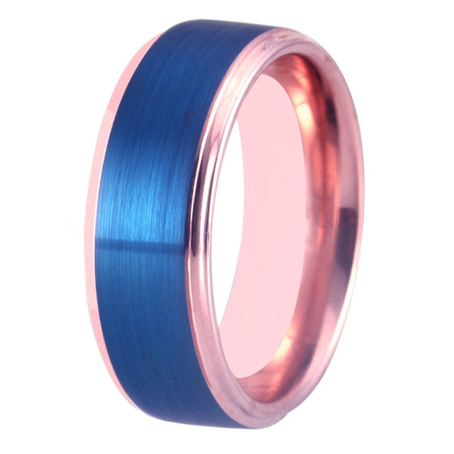 Brushed Blue and Rose Gold Tungsten Wedding Ring Set-Couple Rings-Innovato Design-6-6-Innovato Design
