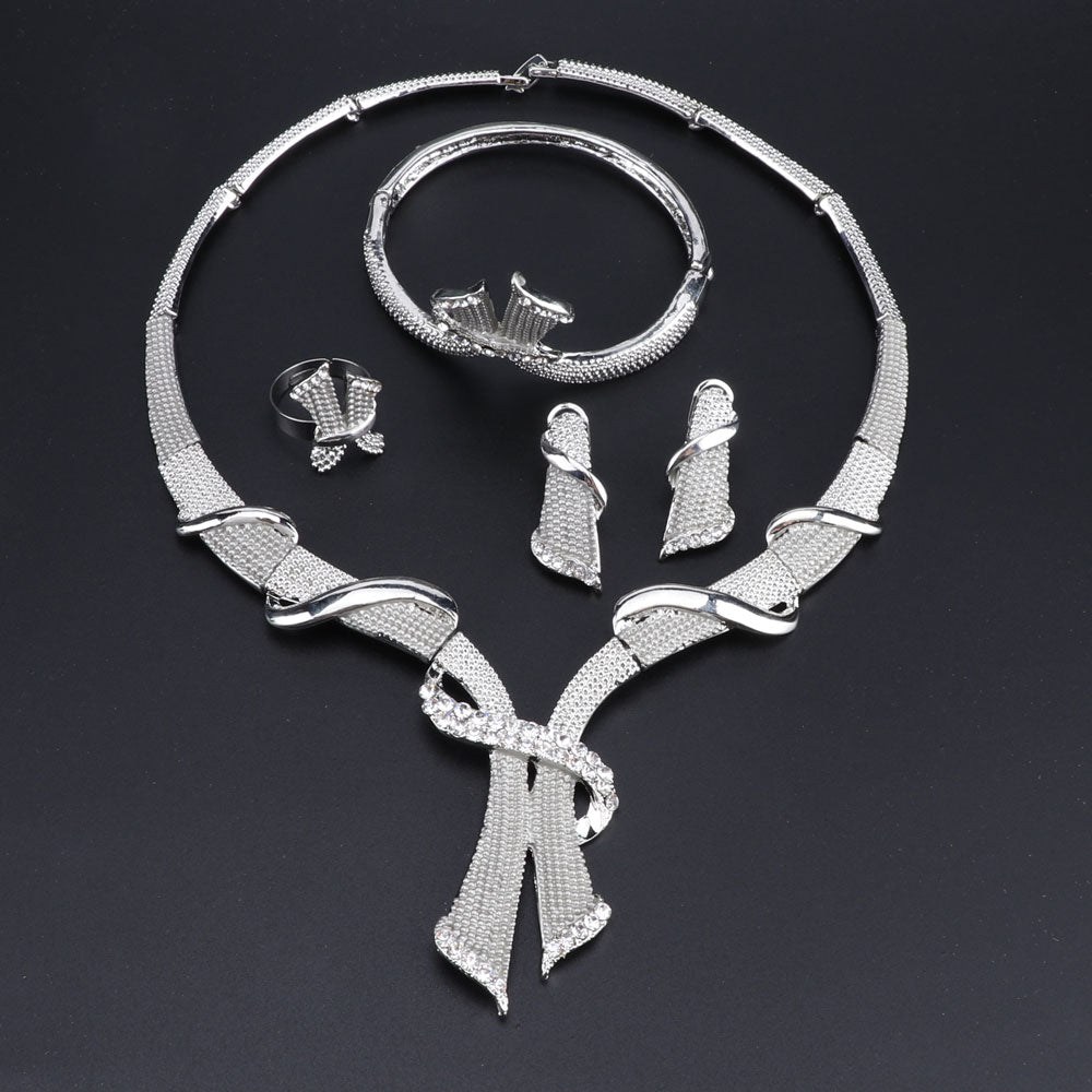 Gold/Silver-Plated Tie Crystal Necklace, Bracelet, Earrings & Ring Wedding Statement Jewelry Set-Jewelry Sets-Innovato Design-Gold-Innovato Design