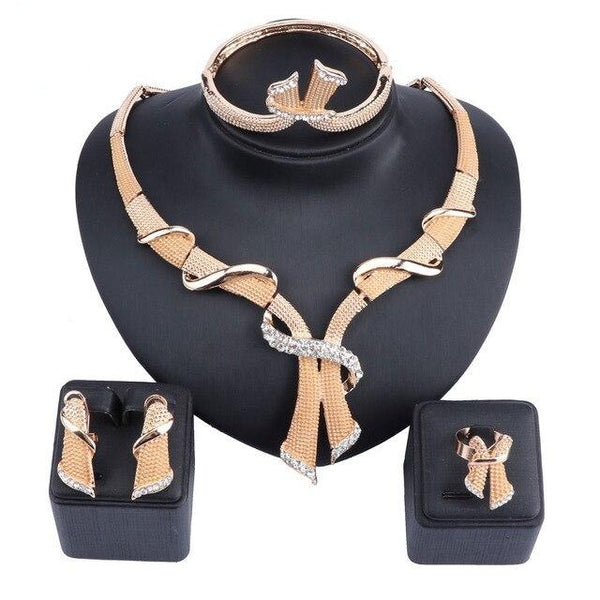 Gold/Silver-Plated Tie Crystal Necklace, Bracelet, Earrings & Ring Wedding Statement Jewelry Set