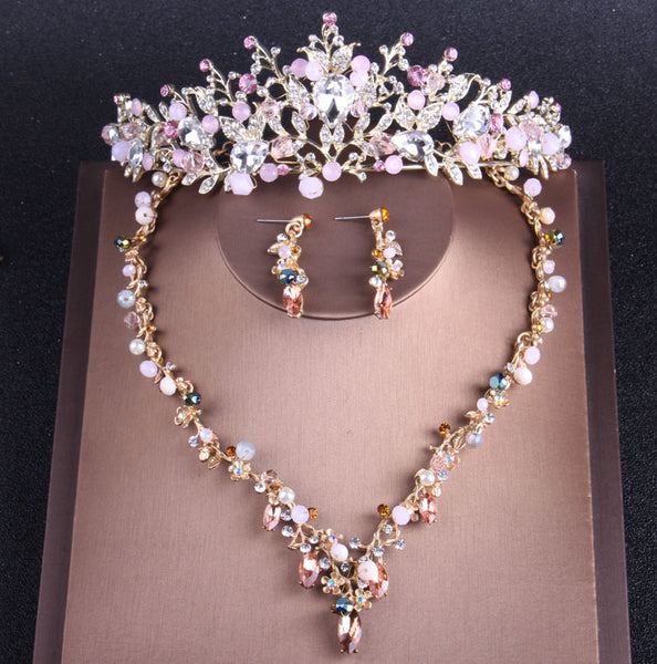 Gold-Plated Pink Crystal and Pearl Tiara, Necklace & Earrings Jewelry Set-Jewelry Sets-Innovato Design-Innovato Design