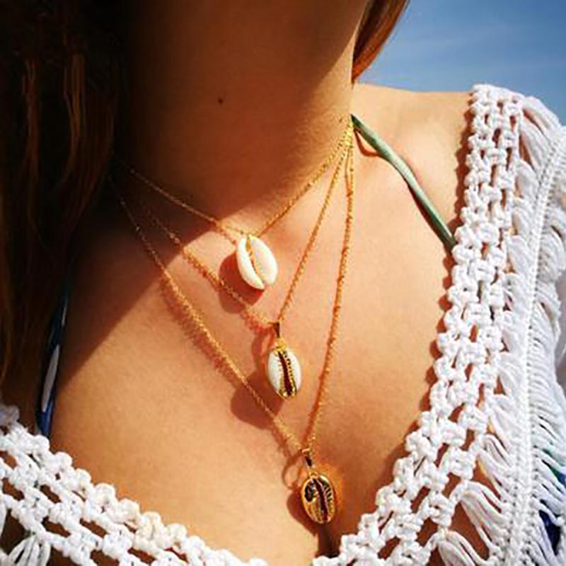 Multilayer Golden Chain Necklace with Puka Shell Pendants-Necklaces-Innovato Design-Innovato Design