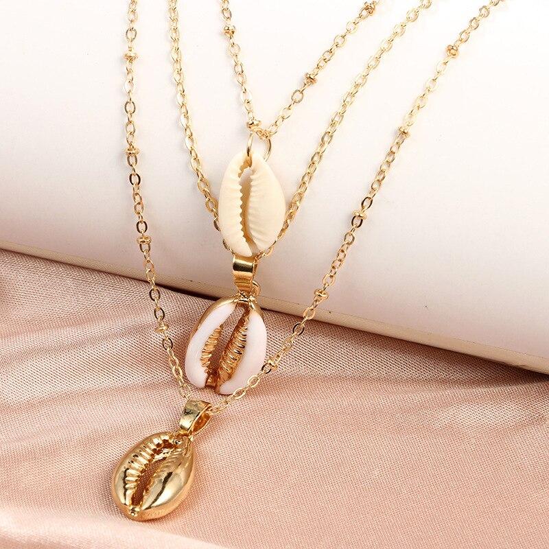 Multilayer Golden Chain Necklace with Puka Shell Pendants-Necklaces-Innovato Design-Innovato Design