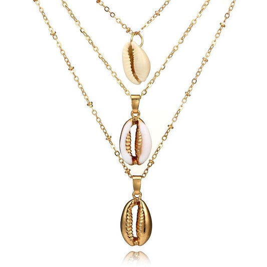 Multilayer Golden Chain Necklace with Puka Shell Pendants-Necklaces-Innovato Design-Innovato Design