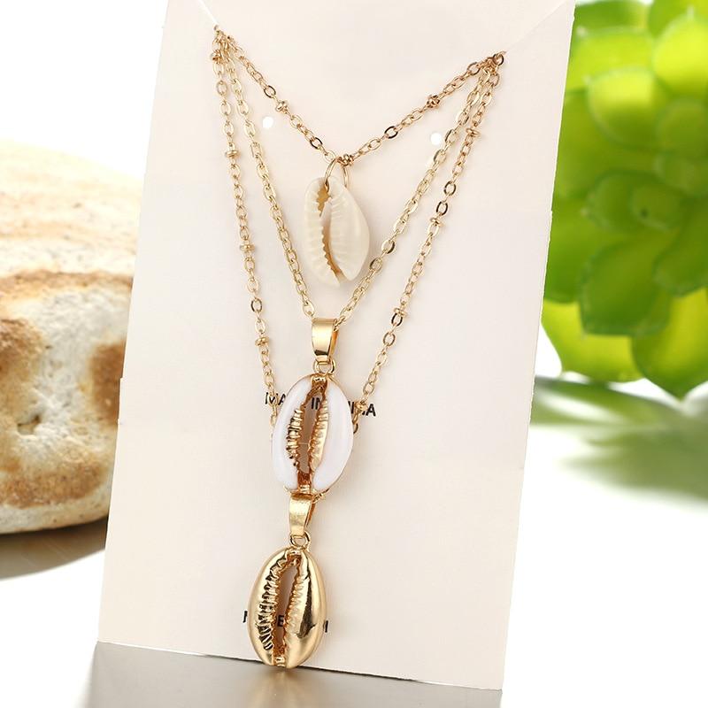 Multilayer Golden Chain Necklace with Puka Shell Pendants-Necklaces-Innovato Design-Innovato Design