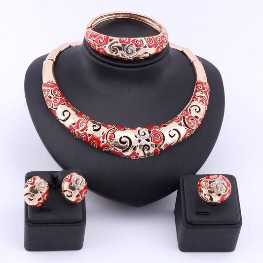 Gold-Plated Swirl Patterns Crystal and Enamel Necklace, Bracelet, Earrings & Ring Wedding Jewelry Set-Jewelry Sets-Innovato Design-Innovato Design