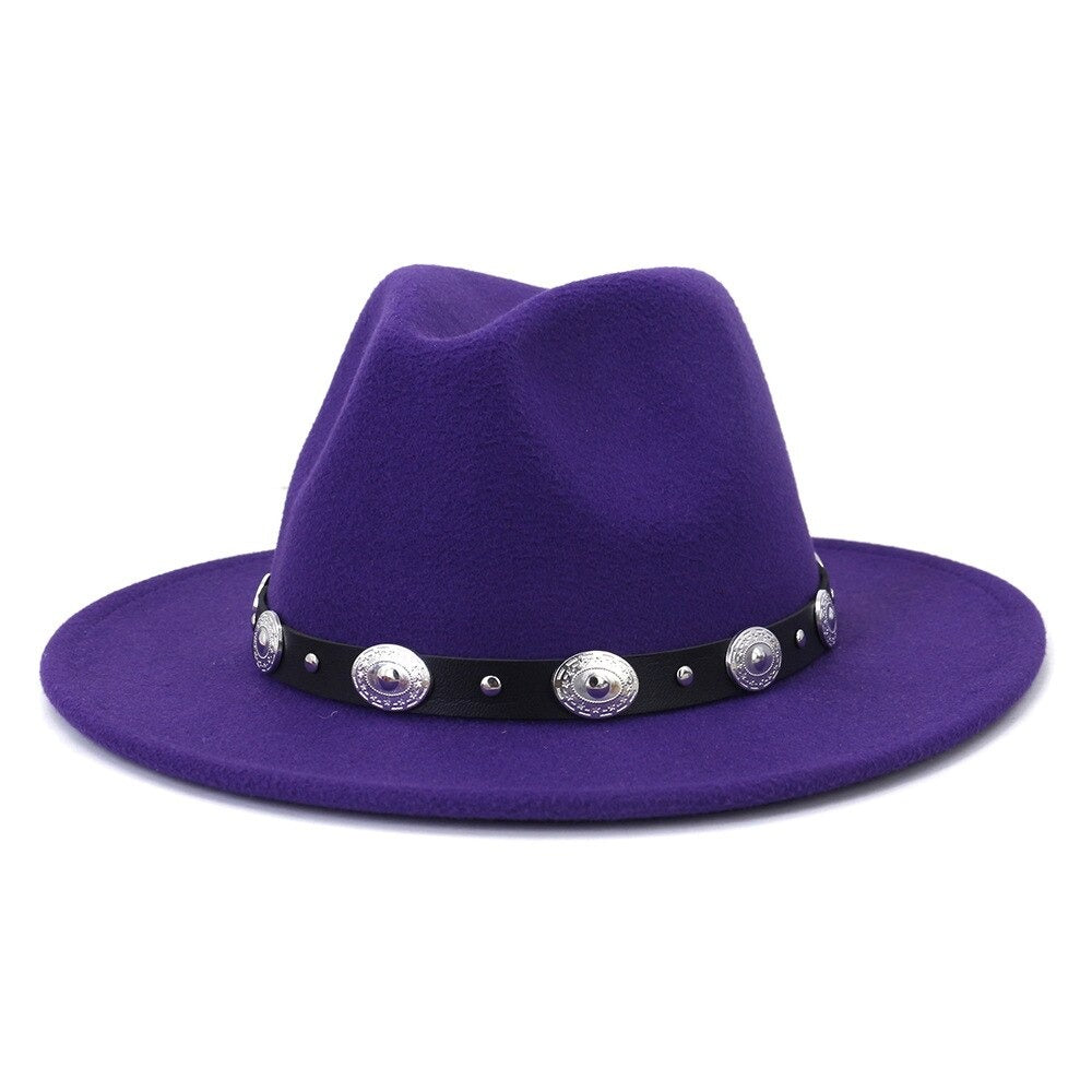 Wide Brim Wool Felt Fedora Hat with Silver Buttoned Leather Hatband-Hats-Innovato Design-Purple-Innovato Design