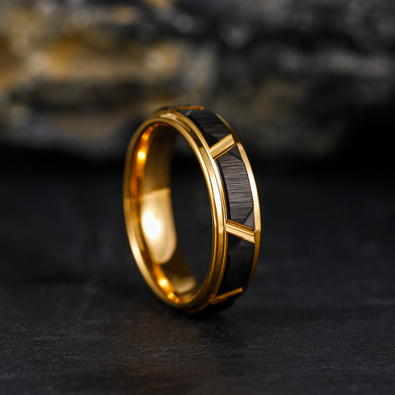His & Her 6mm/8mm Brushed Black Gold Tungsten Wedding Bands with Groove Beveled Edge-Ring-Innovato Design-6-6-Innovato Design