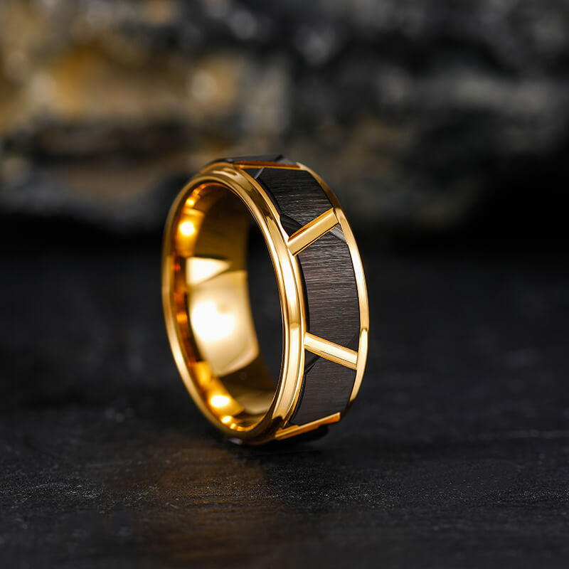 His & Her 6mm/8mm Brushed Black Gold Tungsten Wedding Bands with Groove Beveled Edge-Ring-Innovato Design-6-6-Innovato Design
