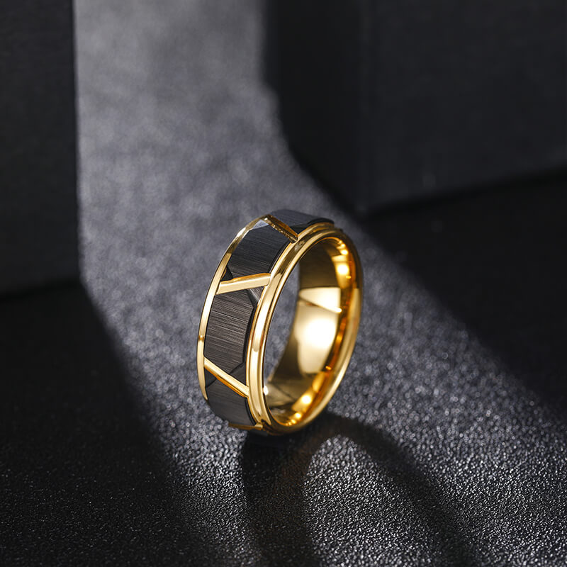 His & Her 6mm/8mm Brushed Black Gold Tungsten Wedding Bands with Groove Beveled Edge-Ring-Innovato Design-6-6-Innovato Design