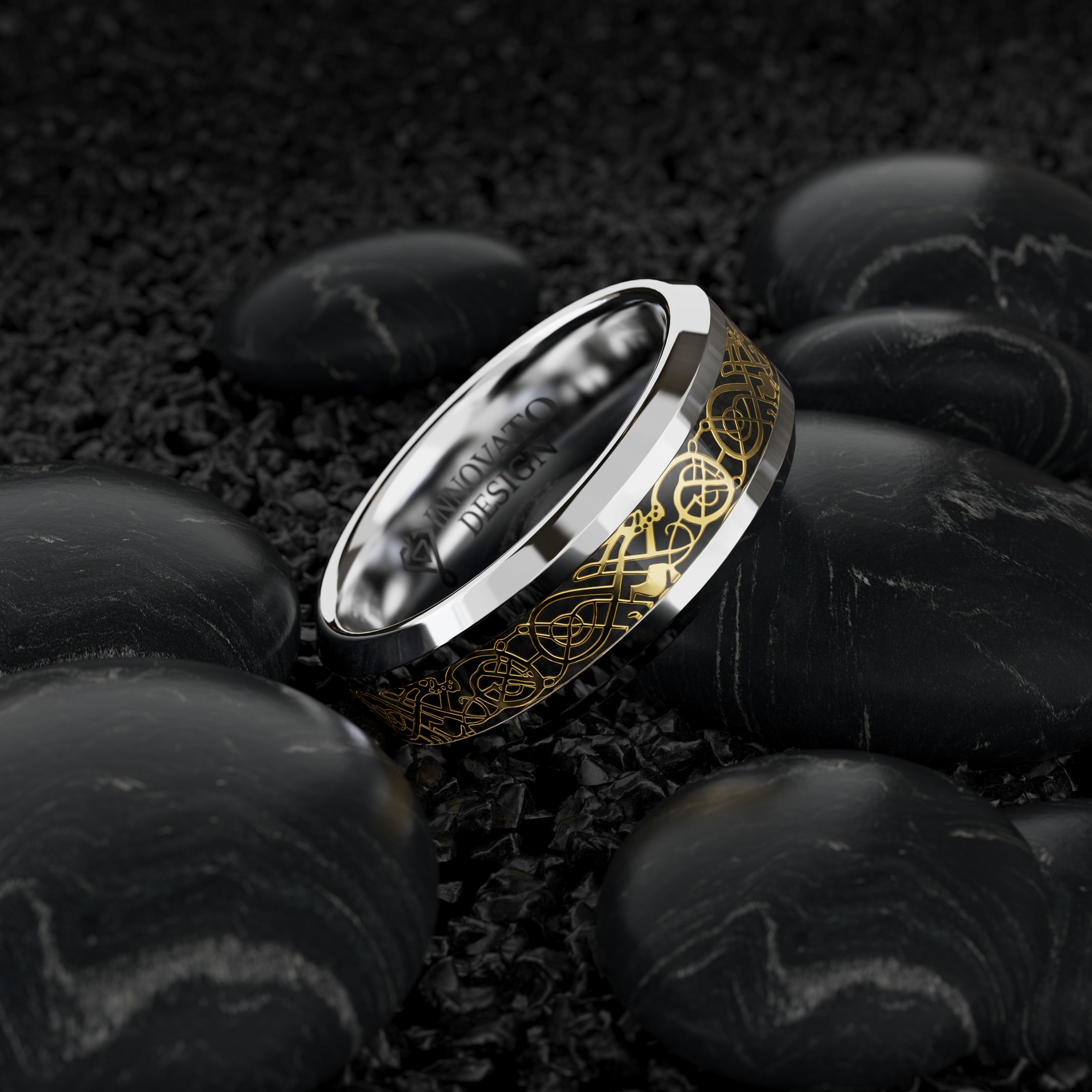 His & Her 6mm/8mm Tungsten Carbide Wedding Bands with Gold Celtic Dragon Inlay Set-Ring-Innovato Design-6-5-Innovato Design
