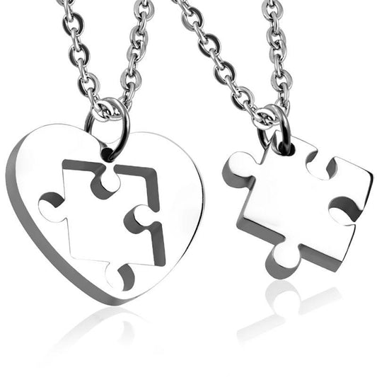 Silvertone Missing Piece to the Puzzle Heart Charm Necklace 2PC - InnovatoDesign