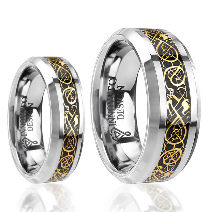 His & Her 6mm/8mm Tungsten Carbide Wedding Bands with Gold Celtic Dragon Inlay Set-Ring-Innovato Design-6-5-Innovato Design