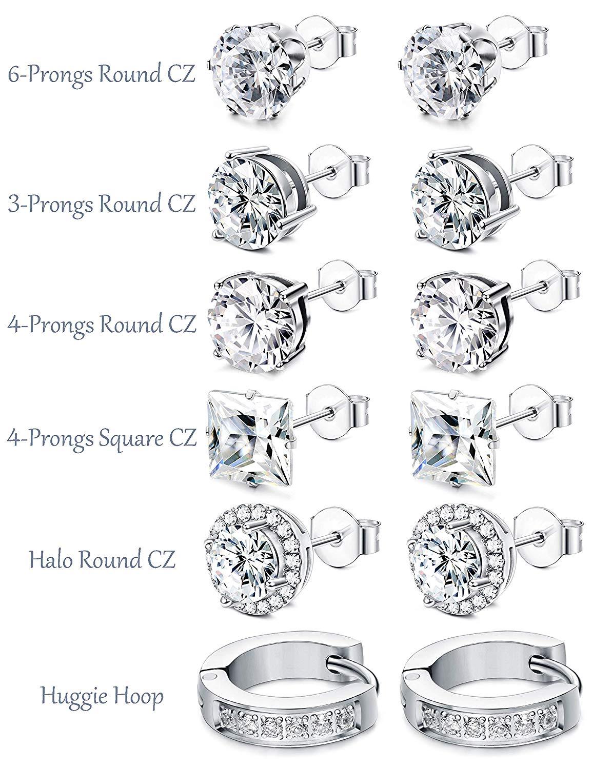 6 Pairs Stainless Steel Hoop Earrings for Women Men Stud Earrings CZ Set-Earrings-Innovato Design-A: 6 Pairs Black-Innovato Design