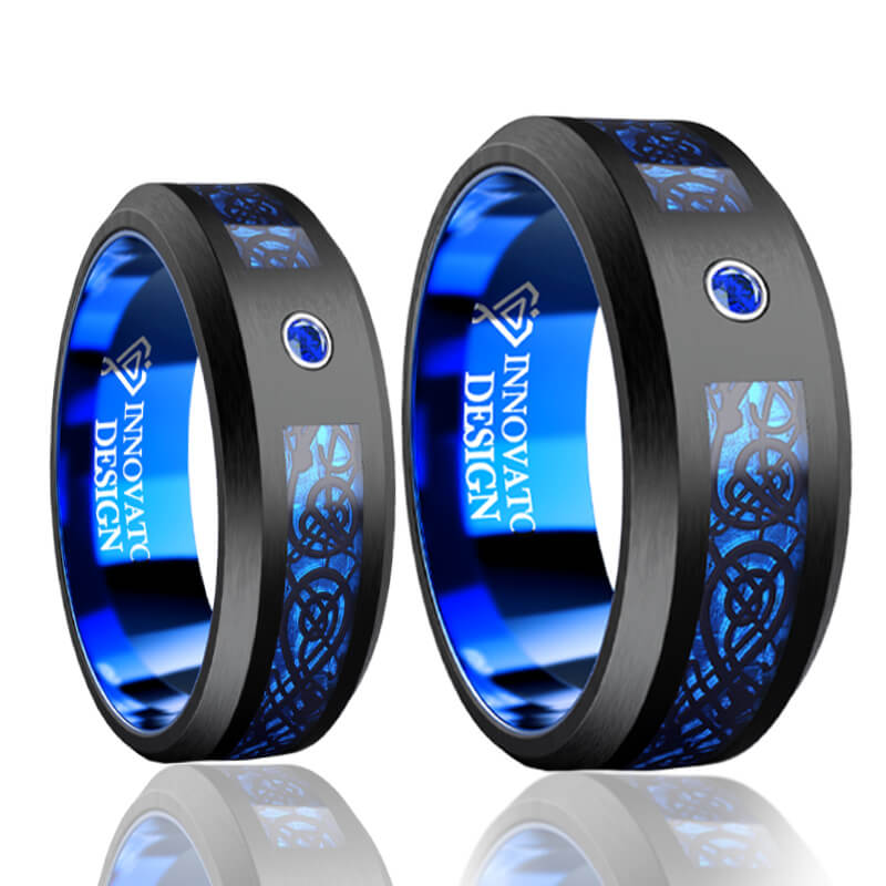 His & Her 6mm/8mm Black Tungsten Dragon Blue Inlay with Cubic Zirconia Wedding Bands-Ring-Innovato Design-6-7-Innovato Design